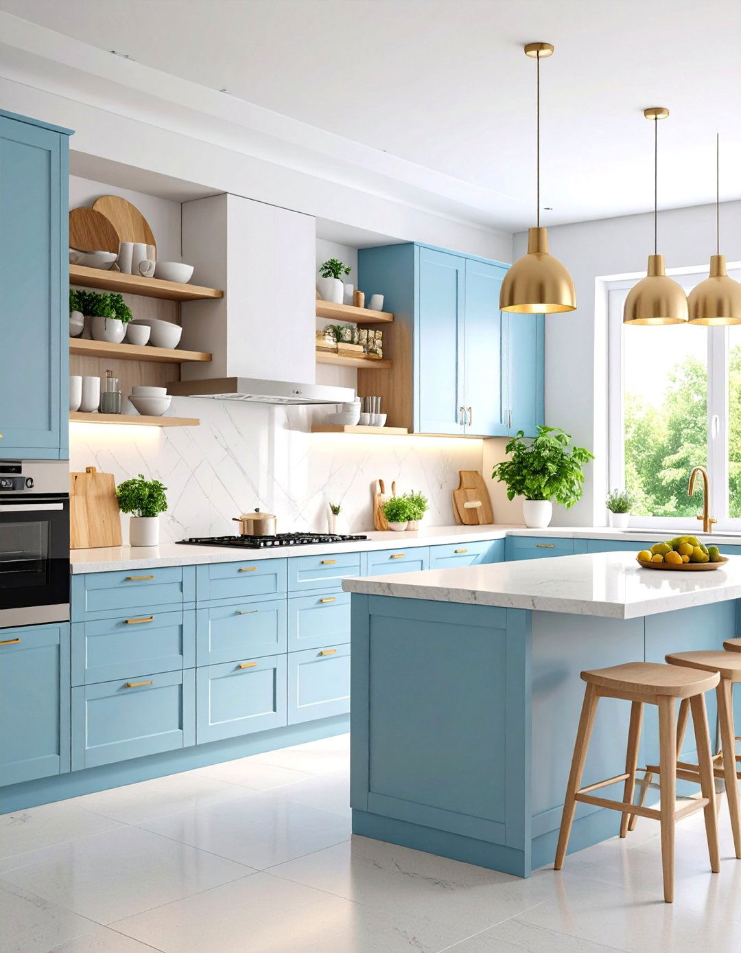 Modern Minimalist Kitchen with Floating Wood Shelves - 25 Kitchens Without Upper Cabinets