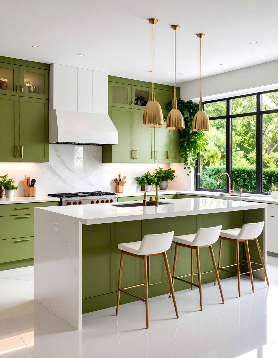 Modern Minimalist Olive Green Kitchen with White Quartz - 25 Olive Green Kitchens