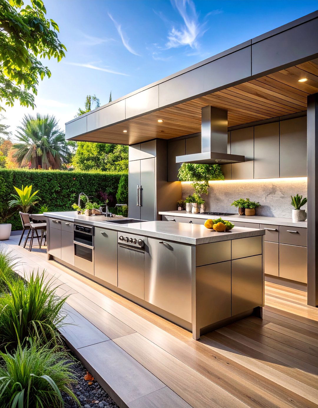 Modern Minimalist Outdoor Kitchen with Stainless Steel Islands - 25 Outdoor Kitchen Designs