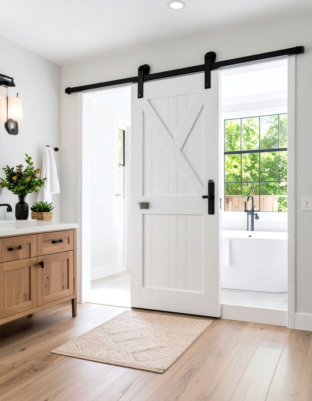 Modern Minimalist White Barn Door with Black Track - 25 Bathroom Barn Door Ideas