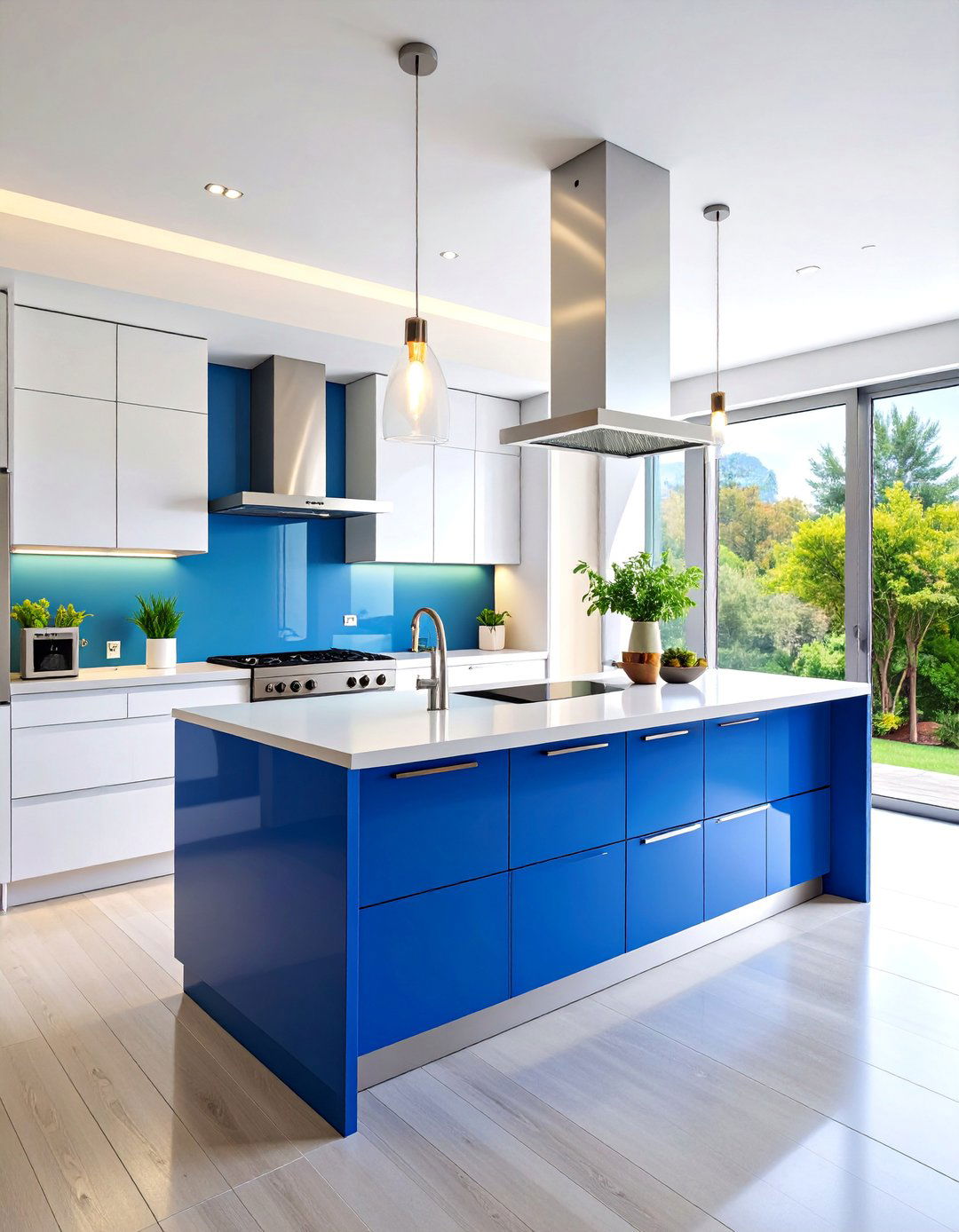 Modern Minimalist White Flat Panel Cabinets with Deep Blue Island