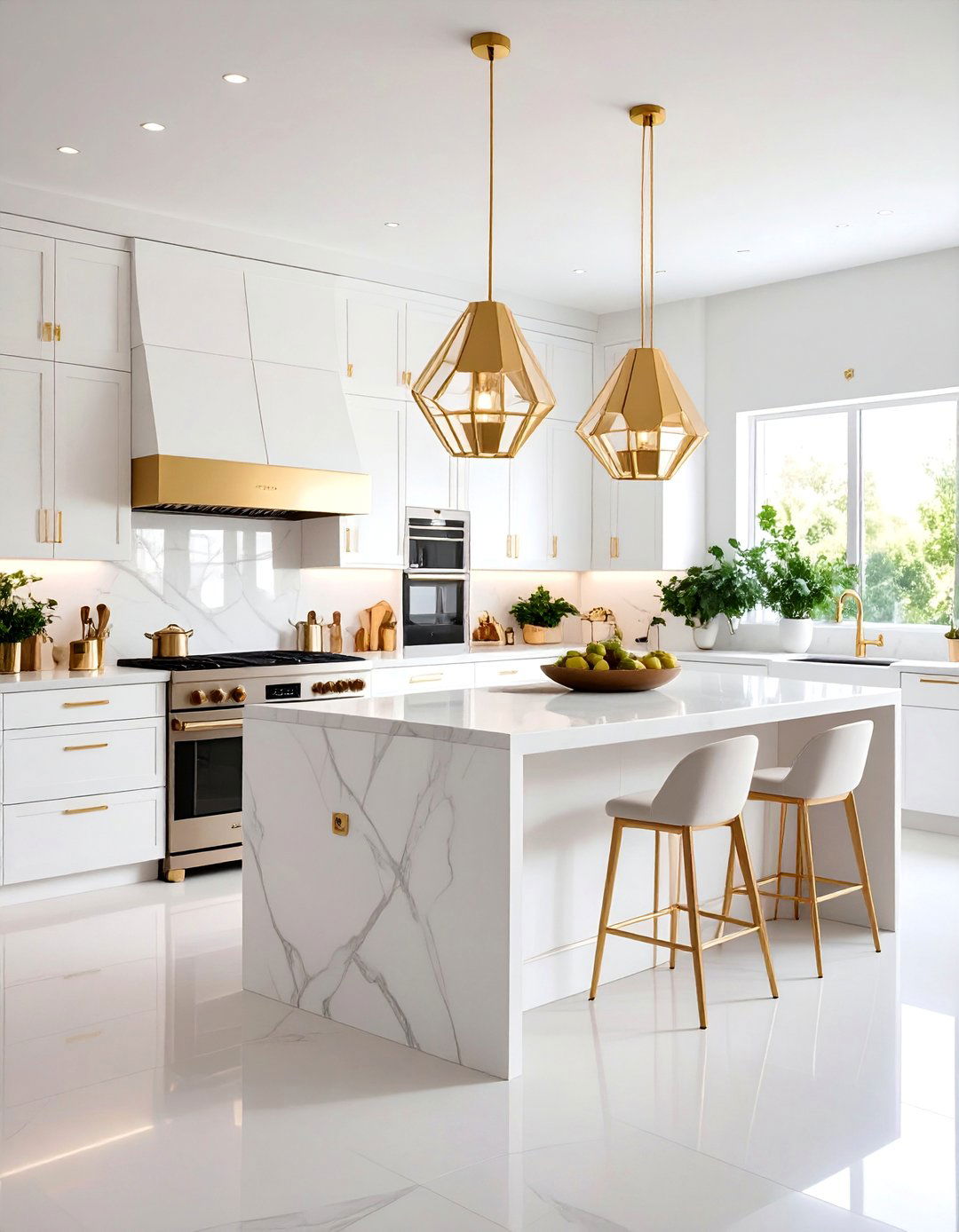 Modern Minimalist White Kitchen with Polished Gold Accents - 25 White and Gold Kitchen Ideas