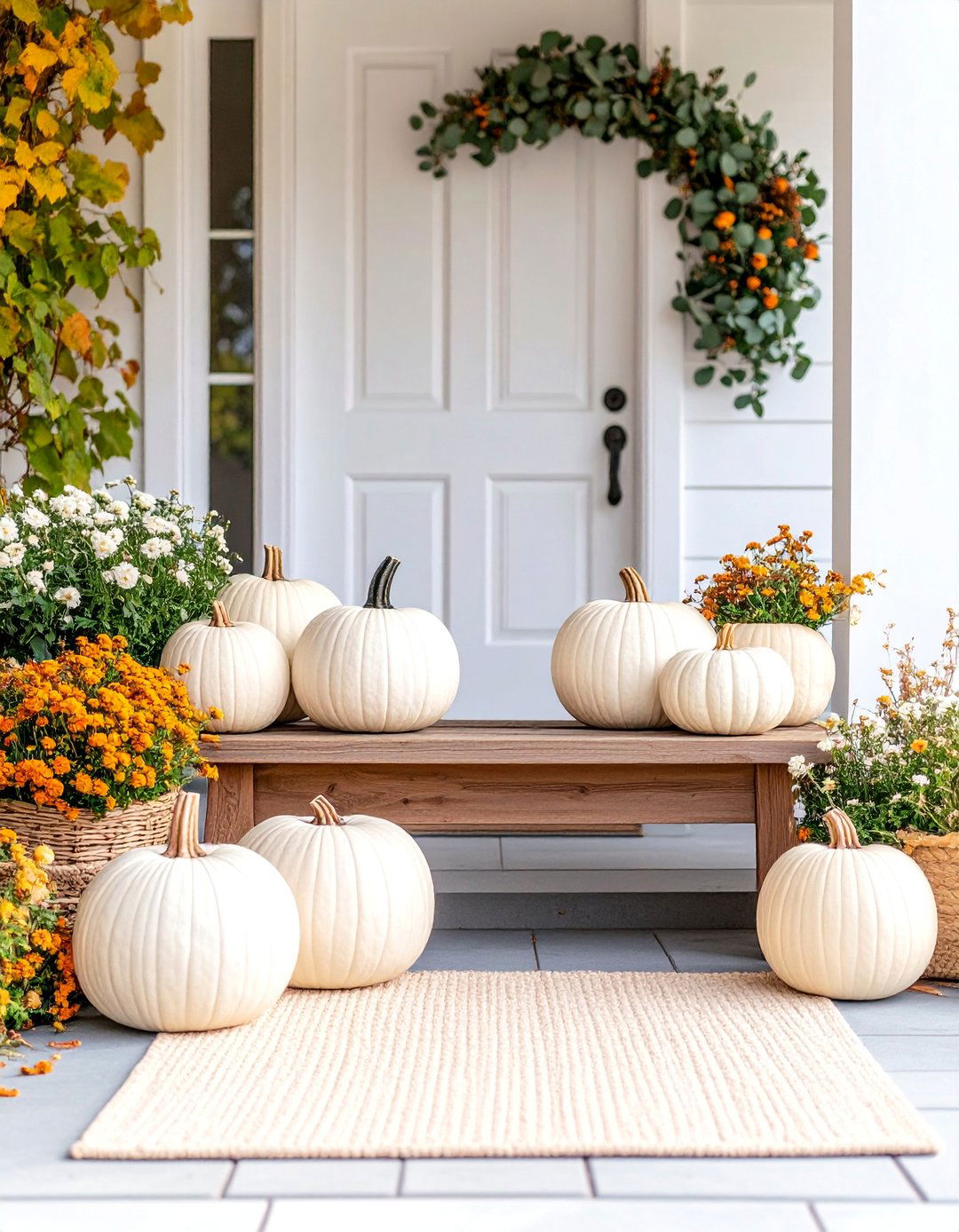 Modern Minimalist White Pumpkin Display - 25 Front Door Fall Decor Ideas