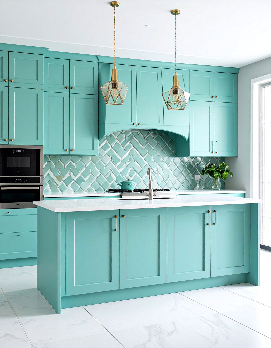 Modern Mint Kitchen with Geometric Backsplash - 25 Mint Kitchen Decor Ideas
