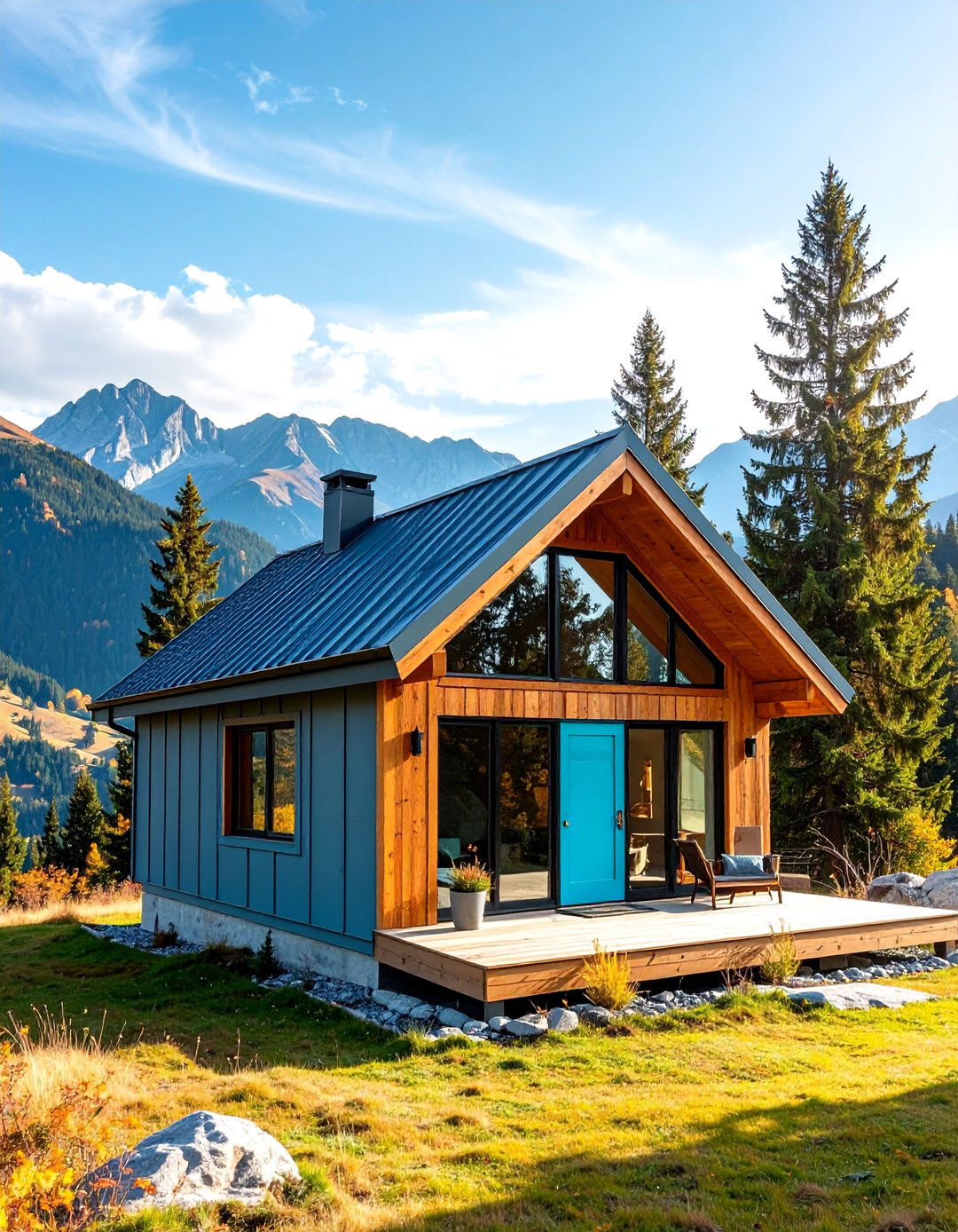 Modern Mountain Cabin with Grey Board and Batten - 25 Grey House With Blue Door Ideas