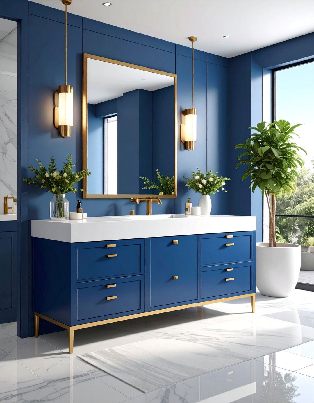 Modern Navy Vanity with Brass Hardware - 25 Navy Blue Bathroom Ideas