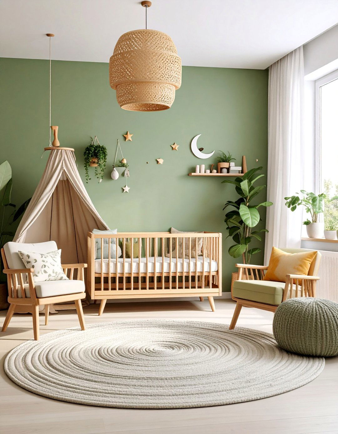 Modern Nursery with Soft Olive Green Accent Wall - 25 Olive Green Accent Wall Ideas