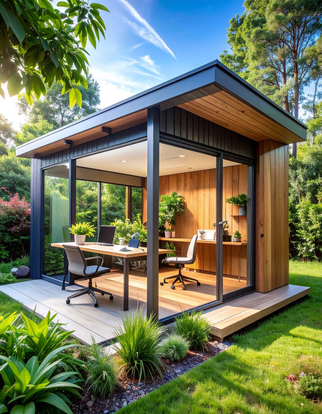 Modern Office Shed with Floor to Ceiling Windows - 25 Garden Shed Ideas