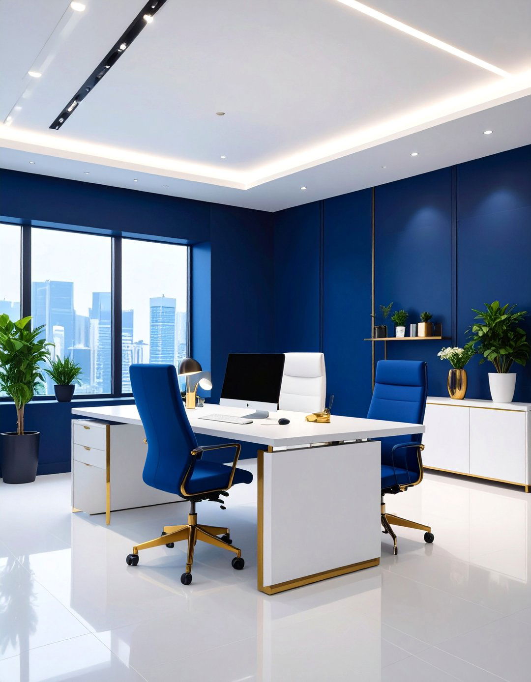 Modern Office with Dark Navy Feature Wall - 25 Office Accent Wall Ideas