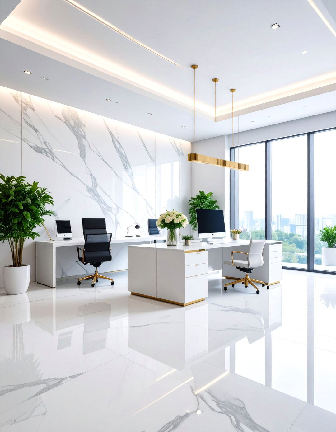 Modern Office with Marble Pattern Accent Wall - 25 Office Accent Wall Ideas