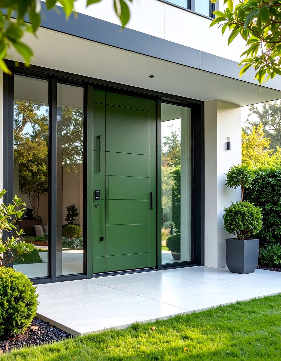 Modern Olive Green Pivot Front Door with Horizontal Glass - 25 Olive Green Front Door Ideas