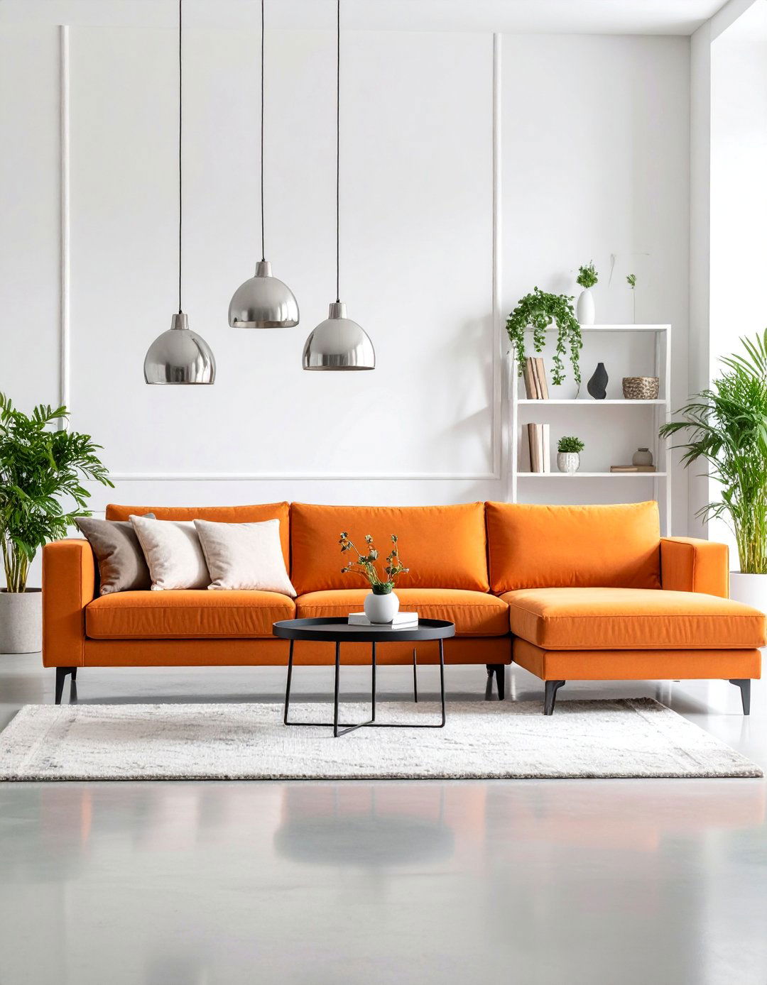 Modern Orange Couch Living Room with Monochrome Accents - 25 Orange Couch Living Room Ideas