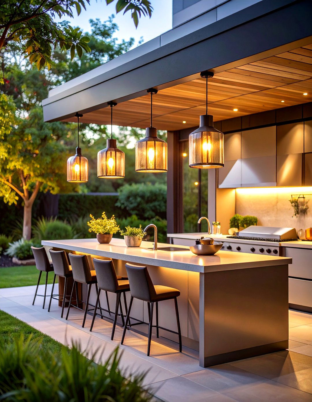 Modern Outdoor Kitchen with Sleek Pendant Lantern Task Lighting - 25 Lantern Decor Ideas