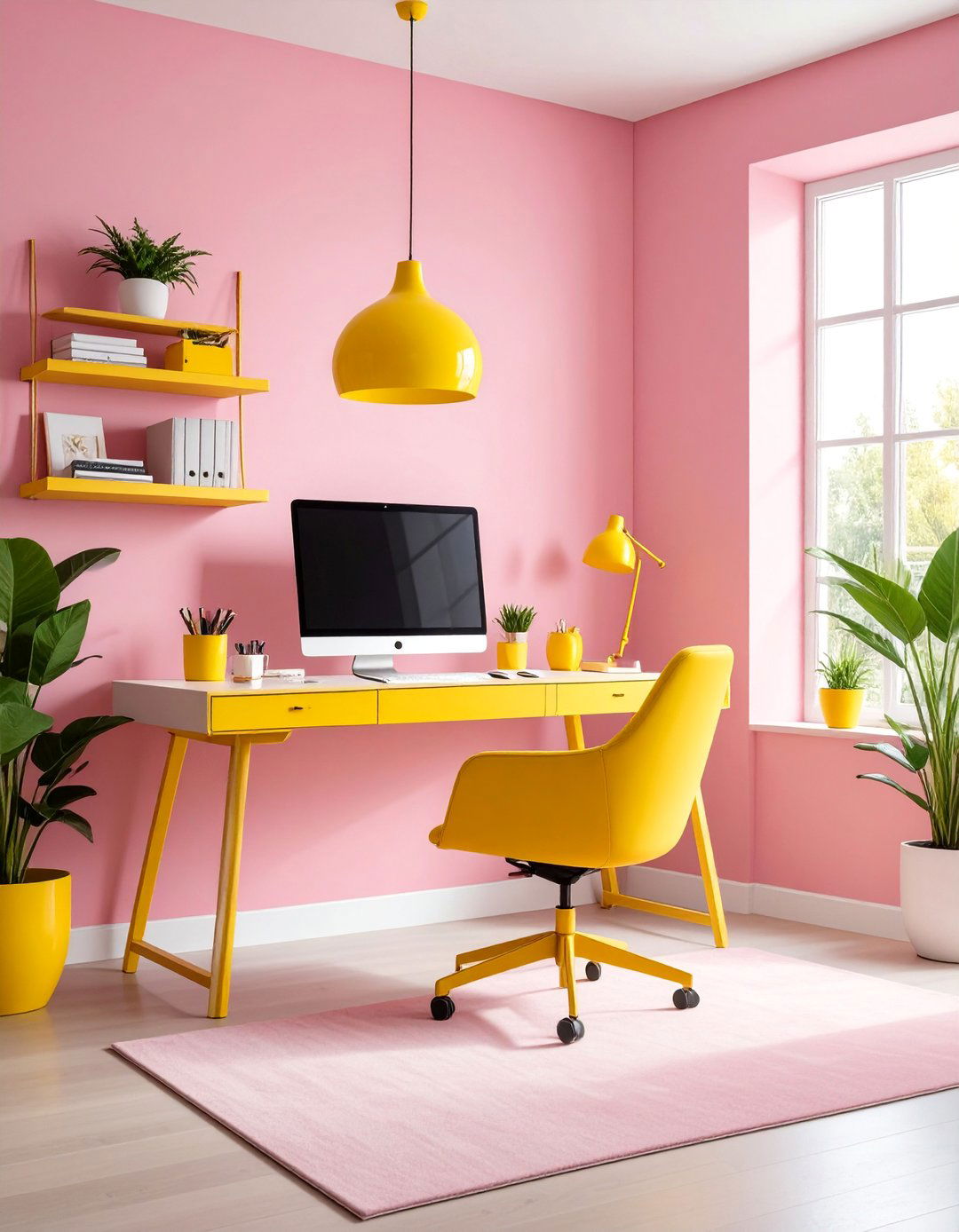 Modern Pink and Yellow Home Office with Geometric Elements - 25 How to Decorate With Yellow and Pink