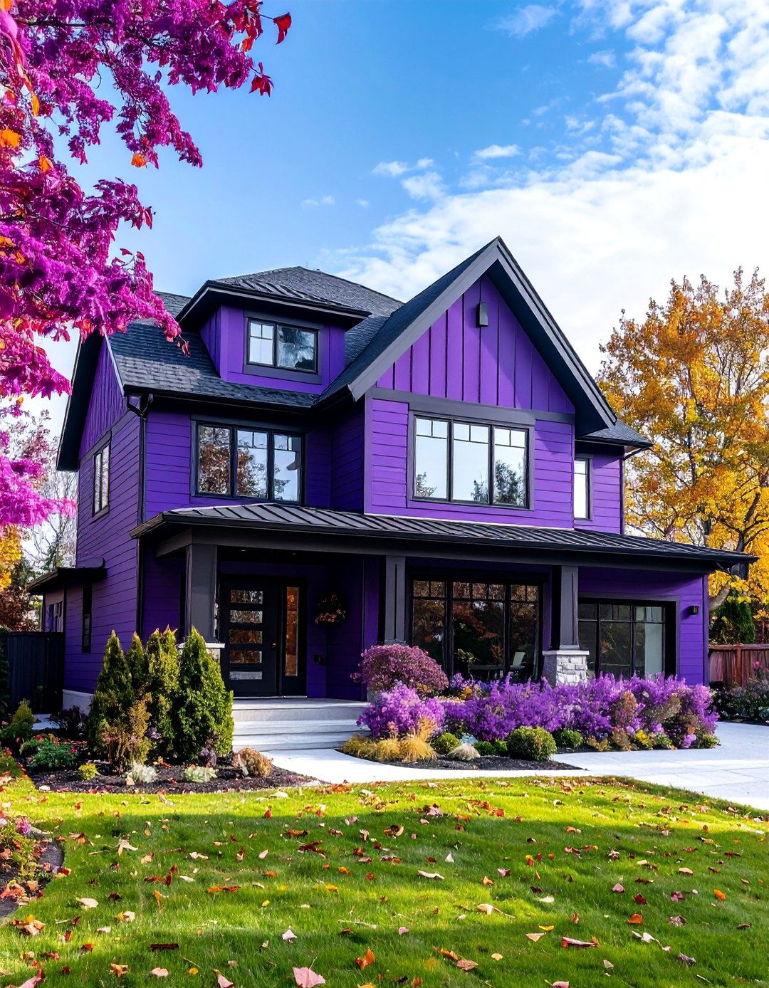 Modern Plum House with Black Window Frames - 25 Purple House Exterior Ideas