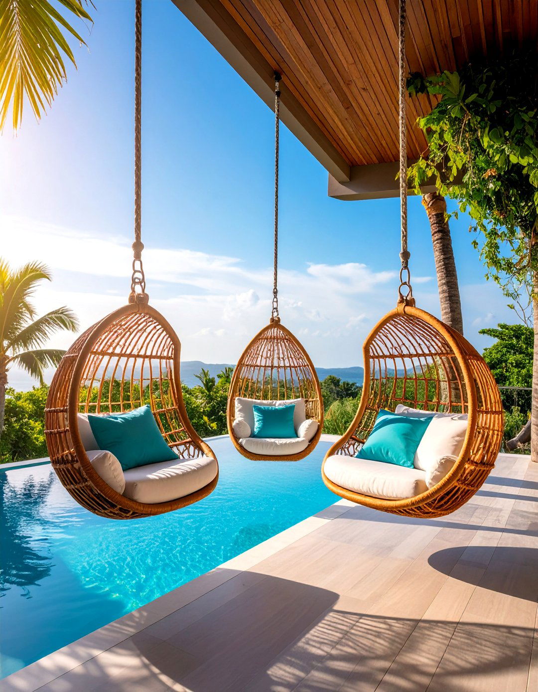 Modern Pool Lounge with Hanging Swing Chairs - 25 Pool Furniture Ideas