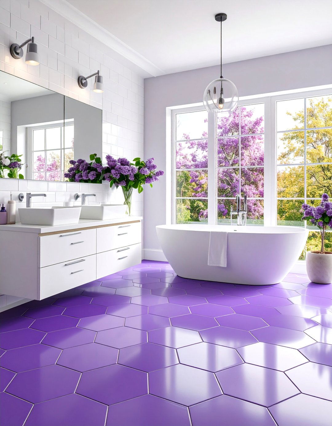Modern Purple Hexagon Tile Floor - 25 Purple Bathroom Ideas