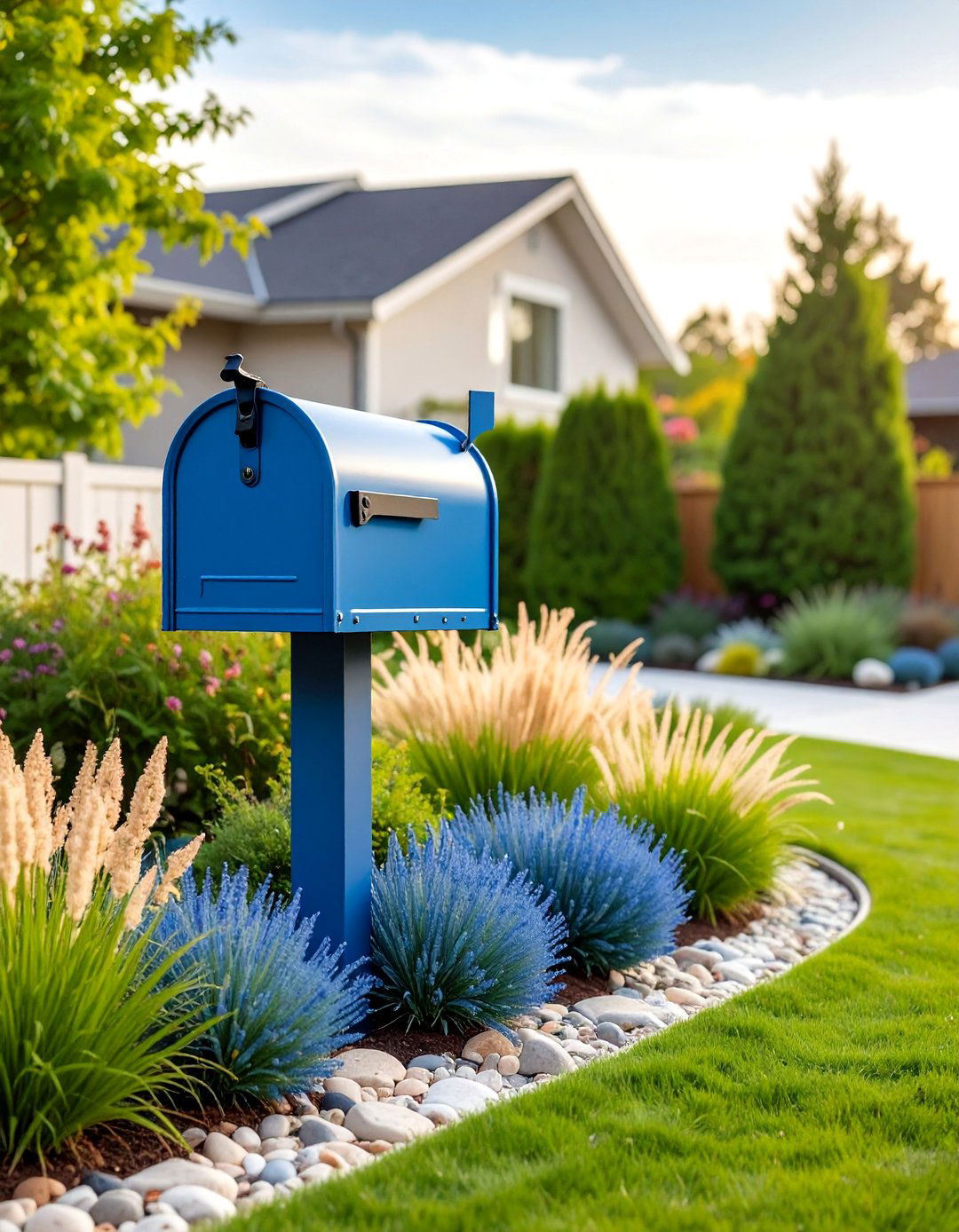 Modern Rock Garden with Ornamental Grasses - 25 Mailbox Landscaping Ideas