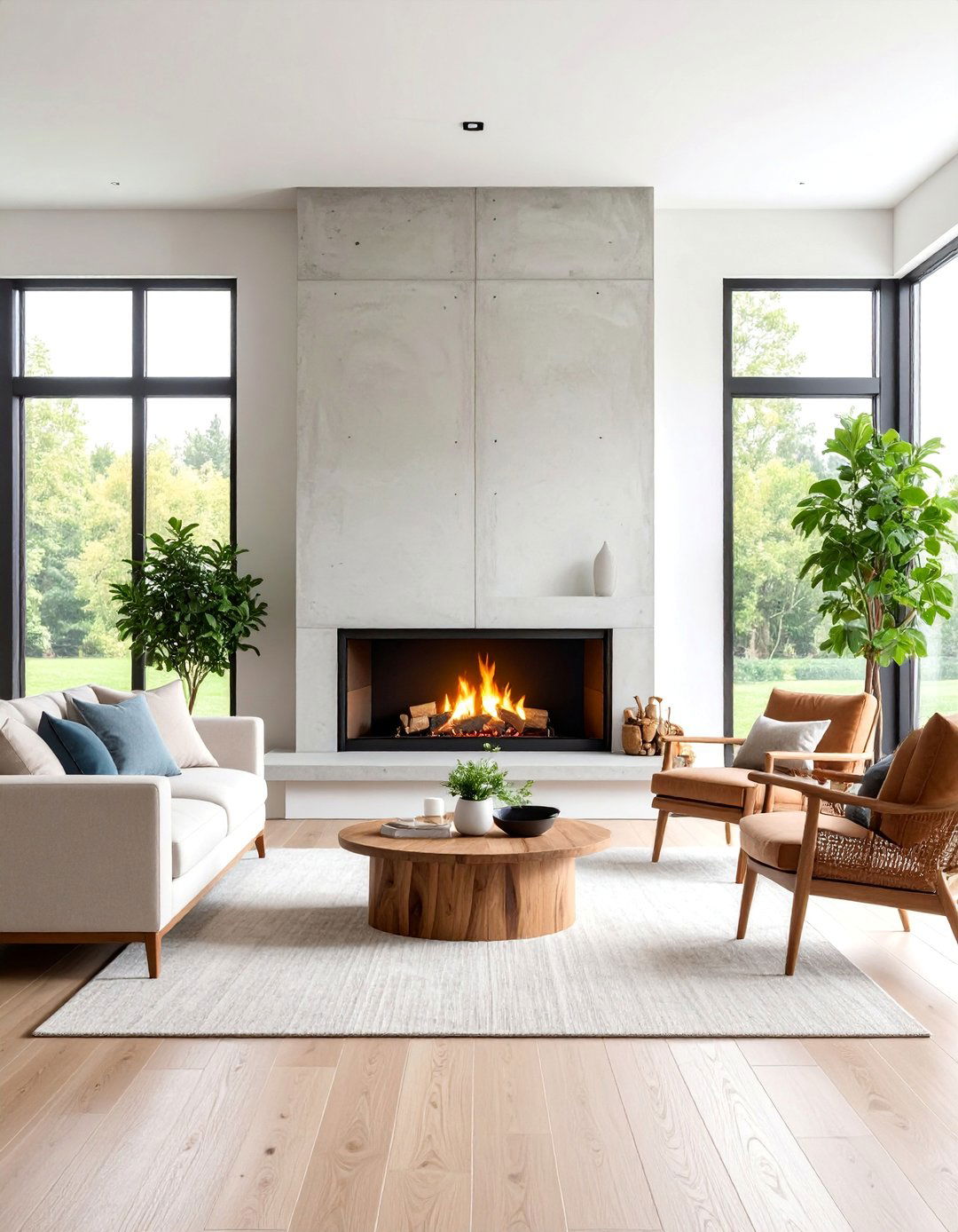 Modern Rustic Brick Fireplace with Concrete Mantel - 25 Rustic Living Room With a Brick Fireplace Ideas