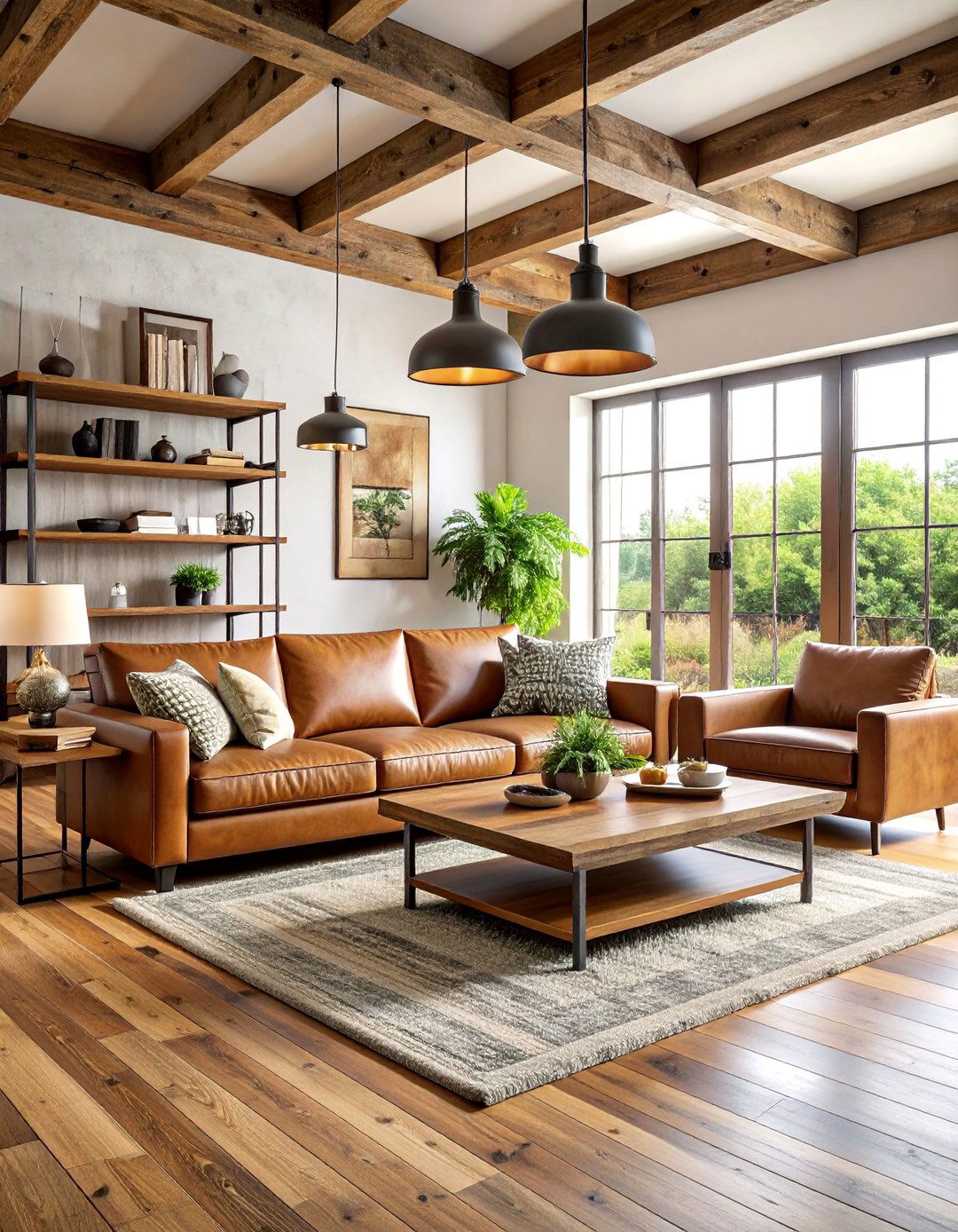 Modern Rustic Living Room with Distressed Wood Accents - 25 Brown Leather Couch Living Room Ideas