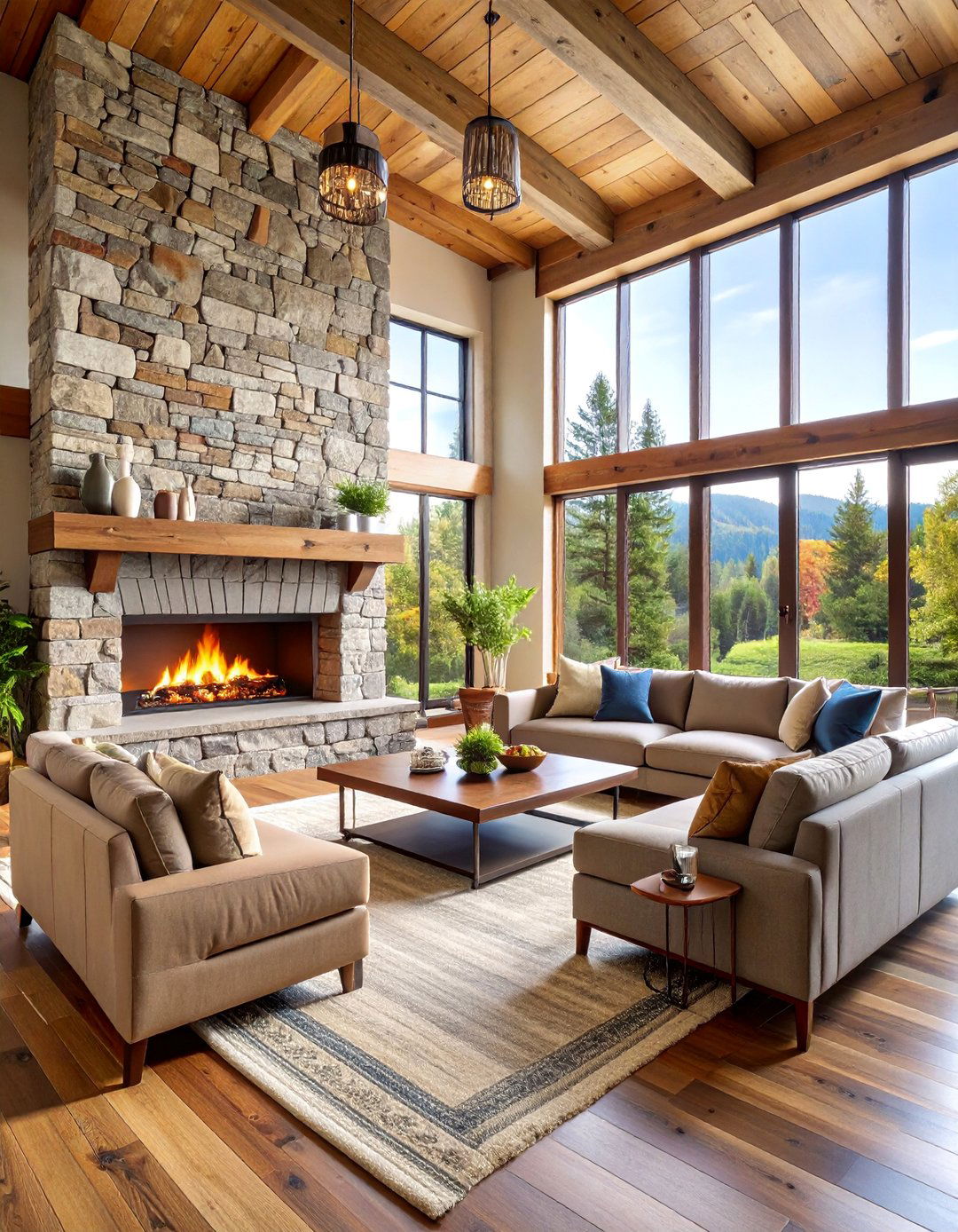 Modern Rustic Living Space with Stone Fireplace - 25 Rustic Decor Ideas