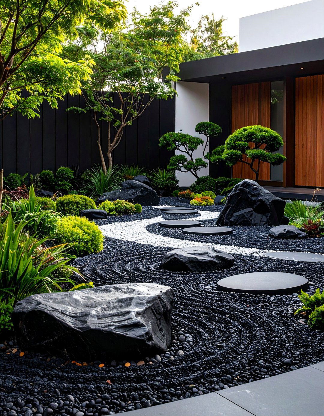 Modern Sculpture Garden with Black Stones - 25 Black River Rock Landscaping Ideas