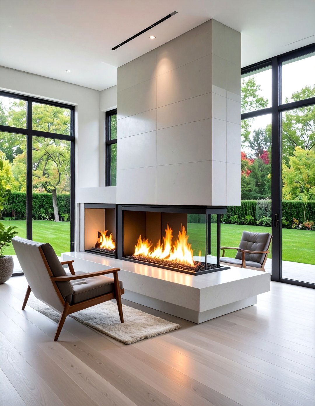 Modern Sculpture Three Sided Fireplace with Artistic Form - 25 3 Sided Fireplace Ideas