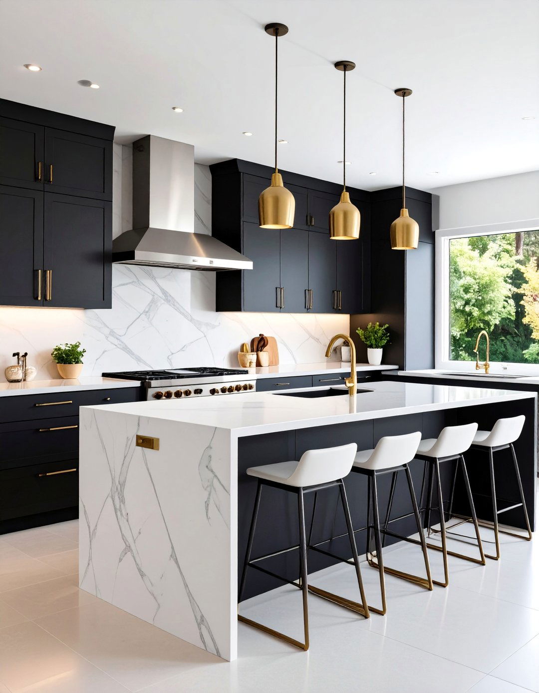 Modern Slab Cabinet Kitchen with Waterfall Island - 25 black white and gold kitchen ideas