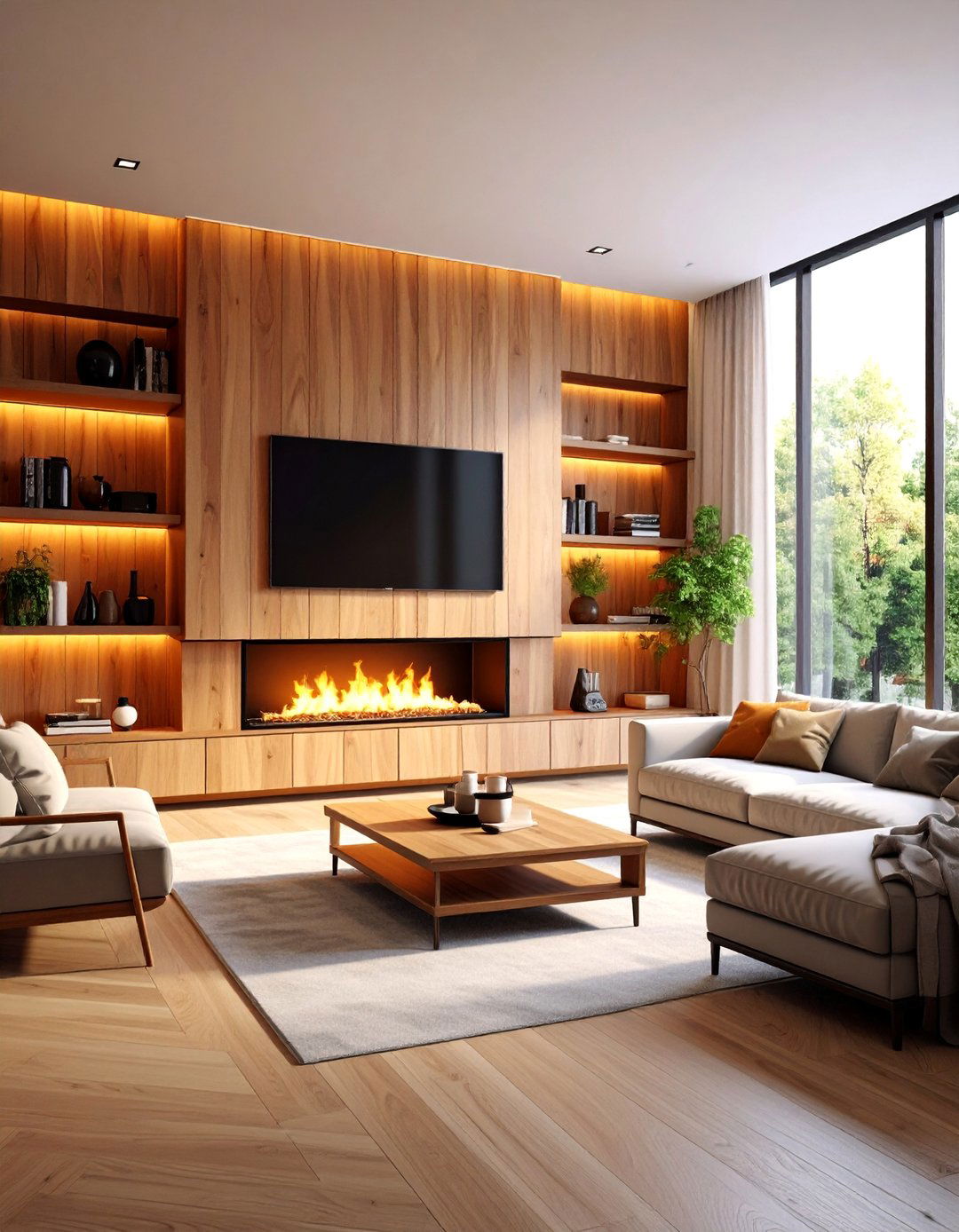 Modern Slat Wood Media Wall with Electric Fireplace - 25 Media Wall Ideas