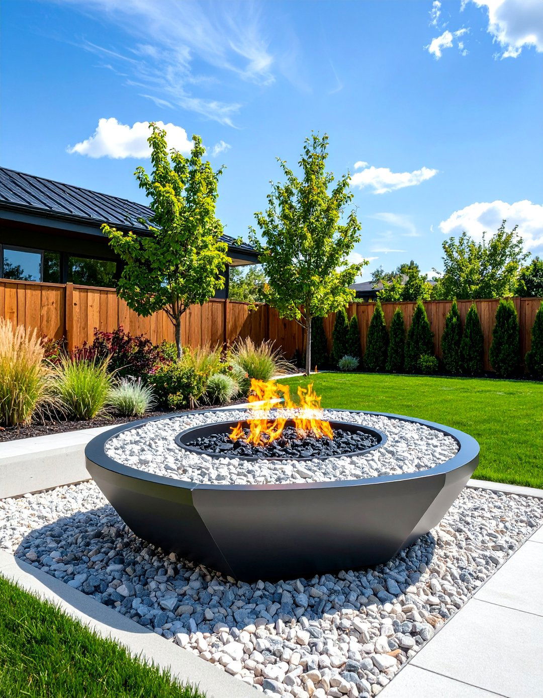 Modern Steel Fire Pit with Gravel Landscape - 25 Backyard Fire Pit Ideas Landscaping
