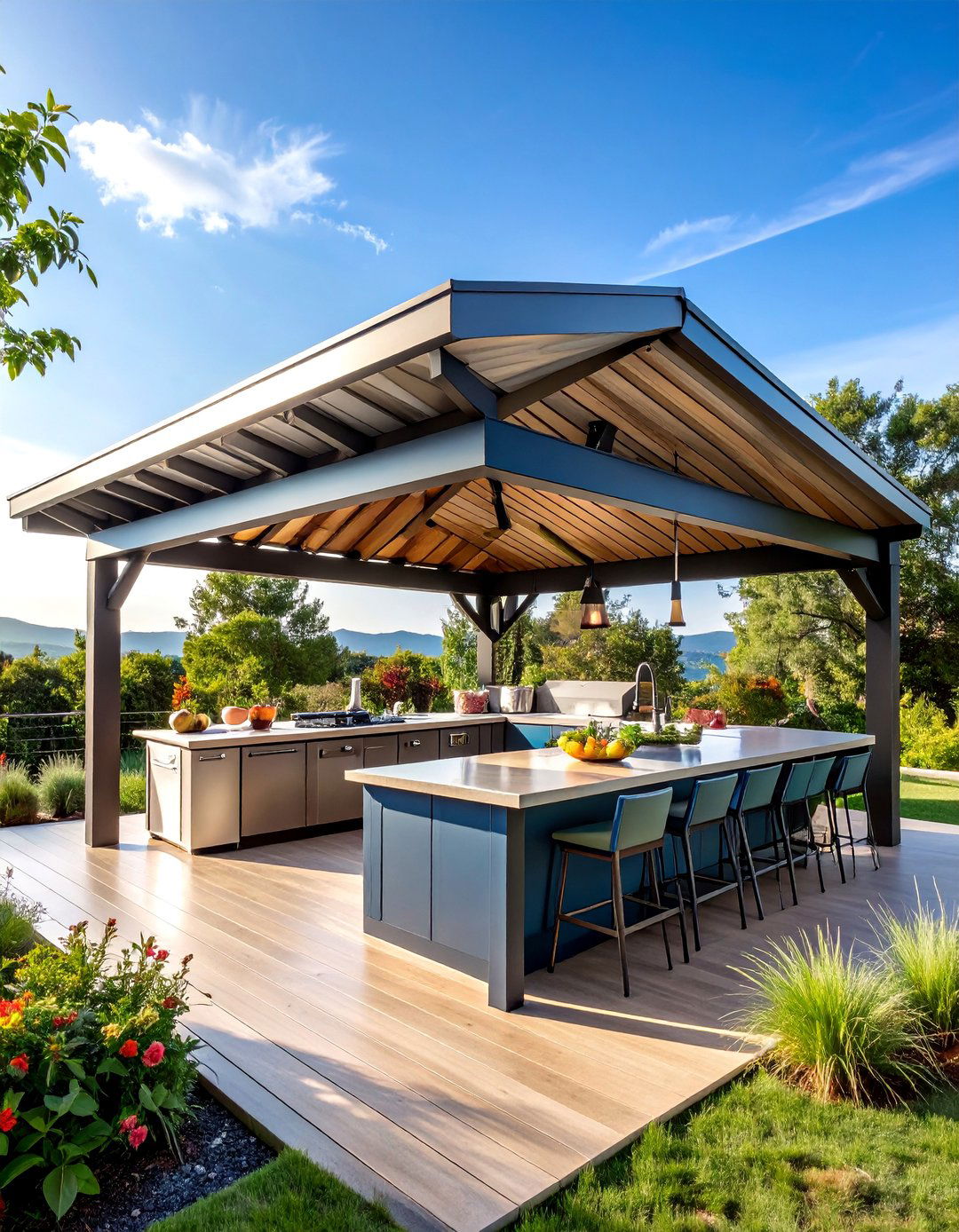 Modern Steel Pavilion with Hip Roof Design - 25 Outdoor Kitchen Roof Ideas