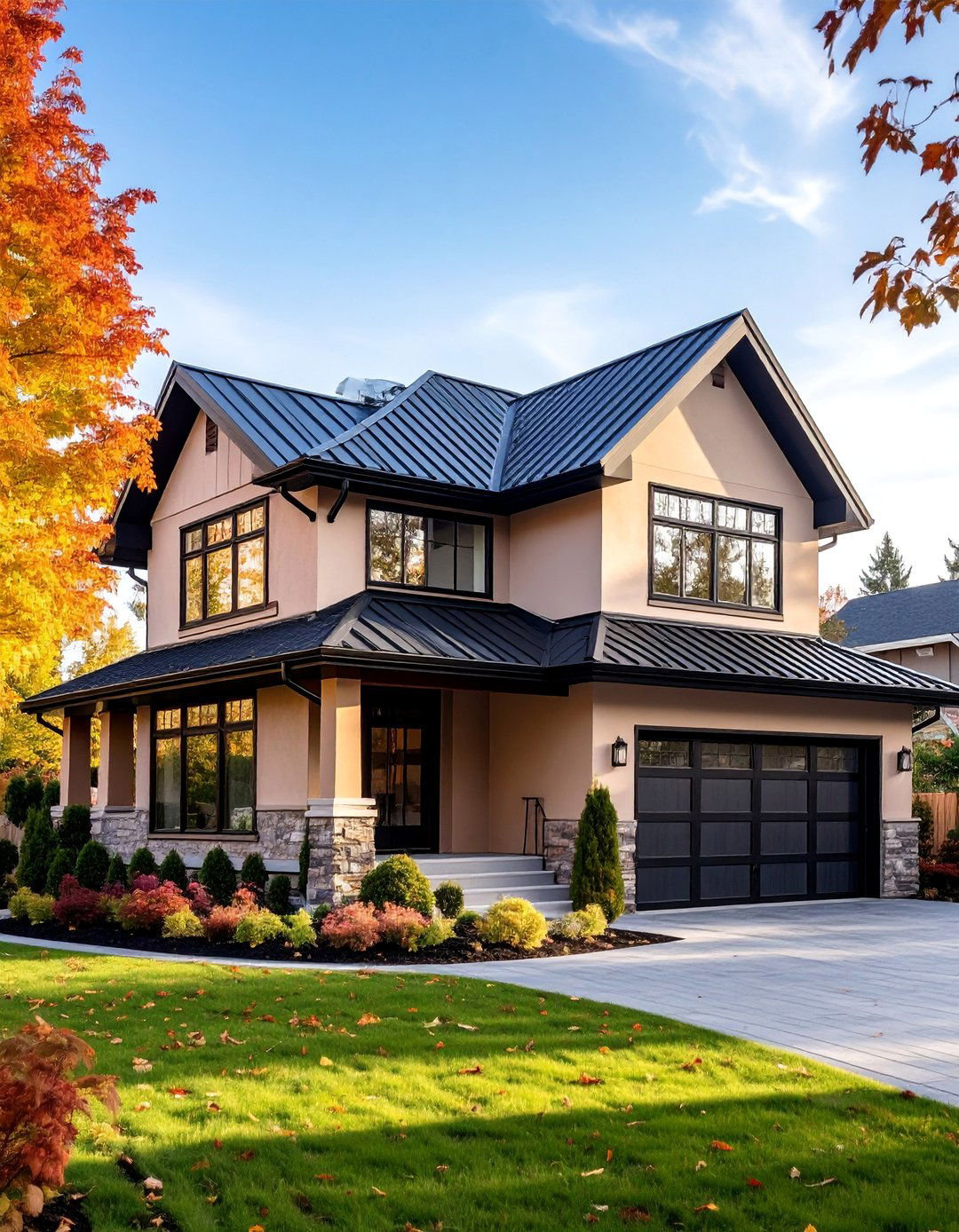 Modern Tan Stucco House with Black Metal Roof - 25 Tan House With Black Trim Design Ideas
