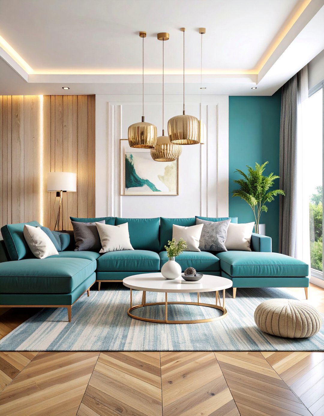 Modern Teal Accent Wall with Grey Sectional - 25 Teal and Grey Living Room Ideas