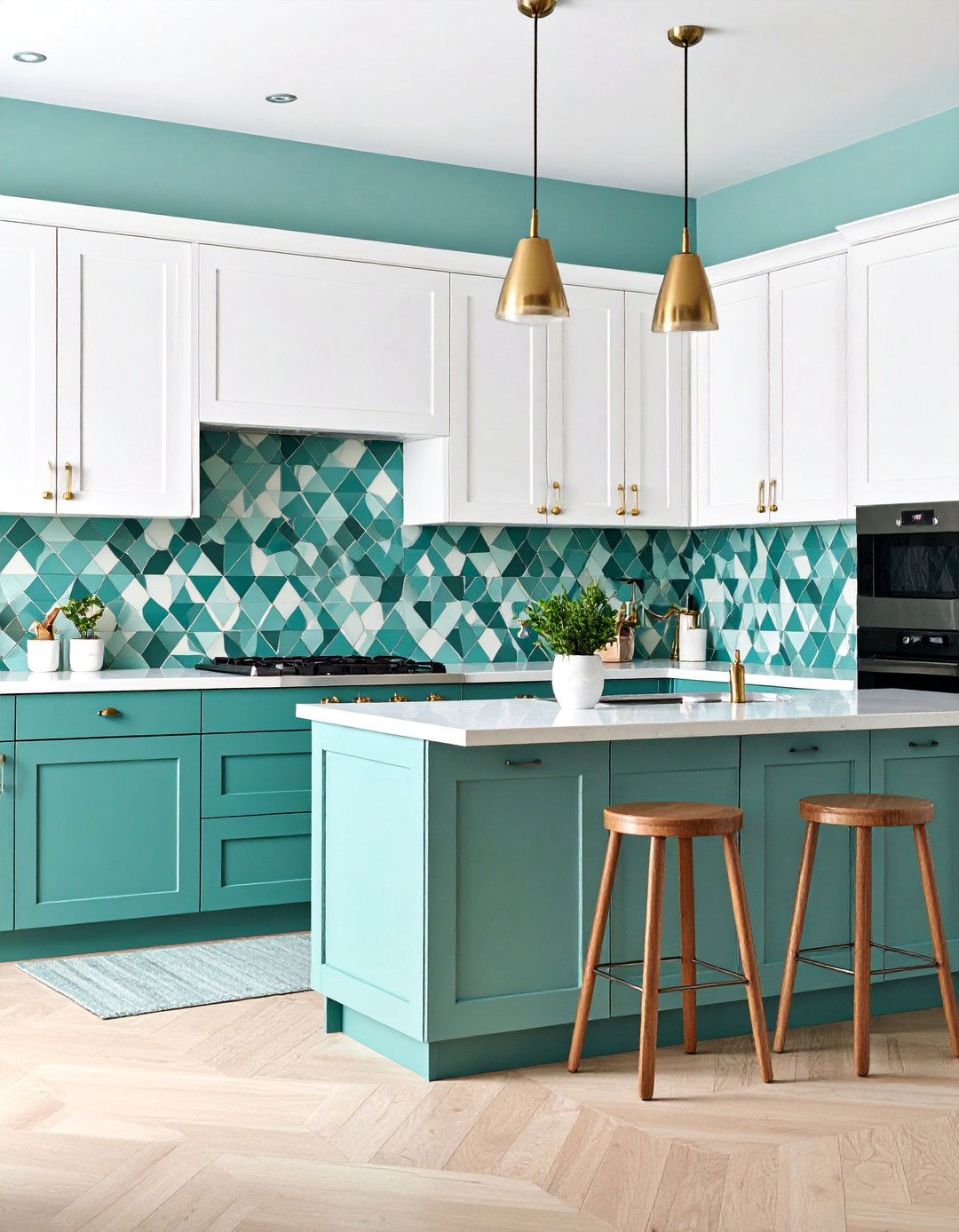 Modern Teal and White Geometric Backsplash - 25 Teal and White Kitchen Ideas