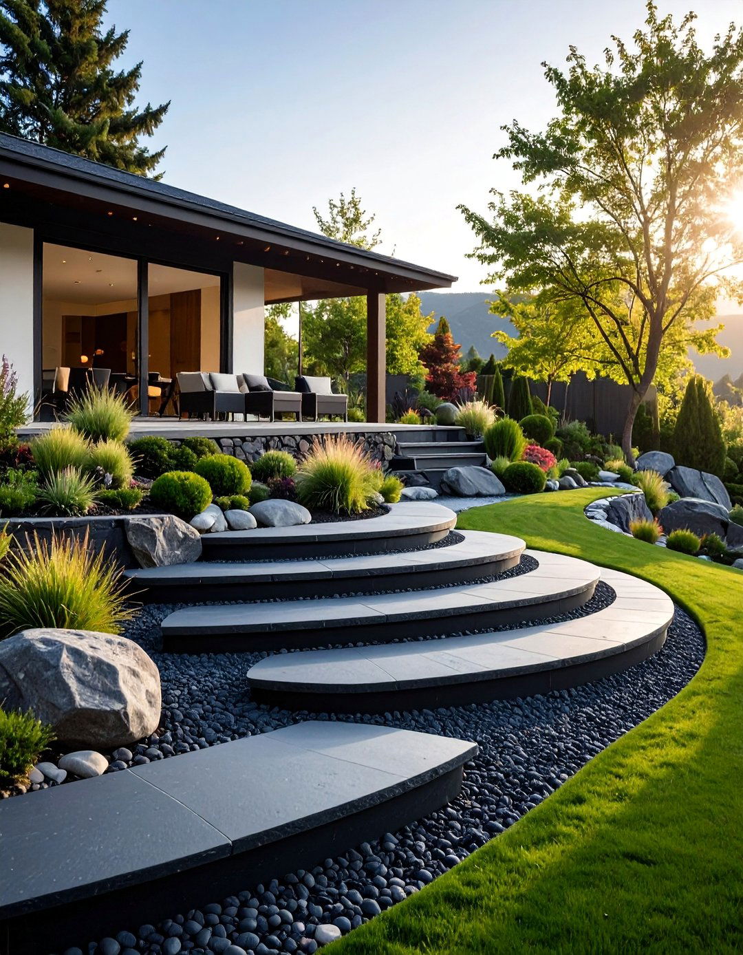 Modern Terrace with Black River Stone - 25 Black River Rock Landscaping Ideas