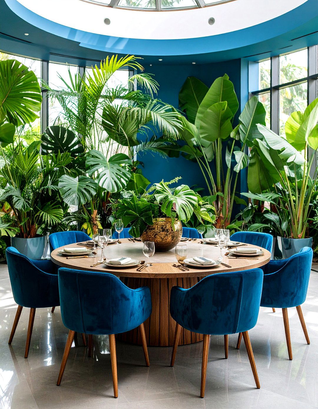 Modern Tropical Round Table with Bold Greens and Natural Textures - 25 Round Table Decor Ideas