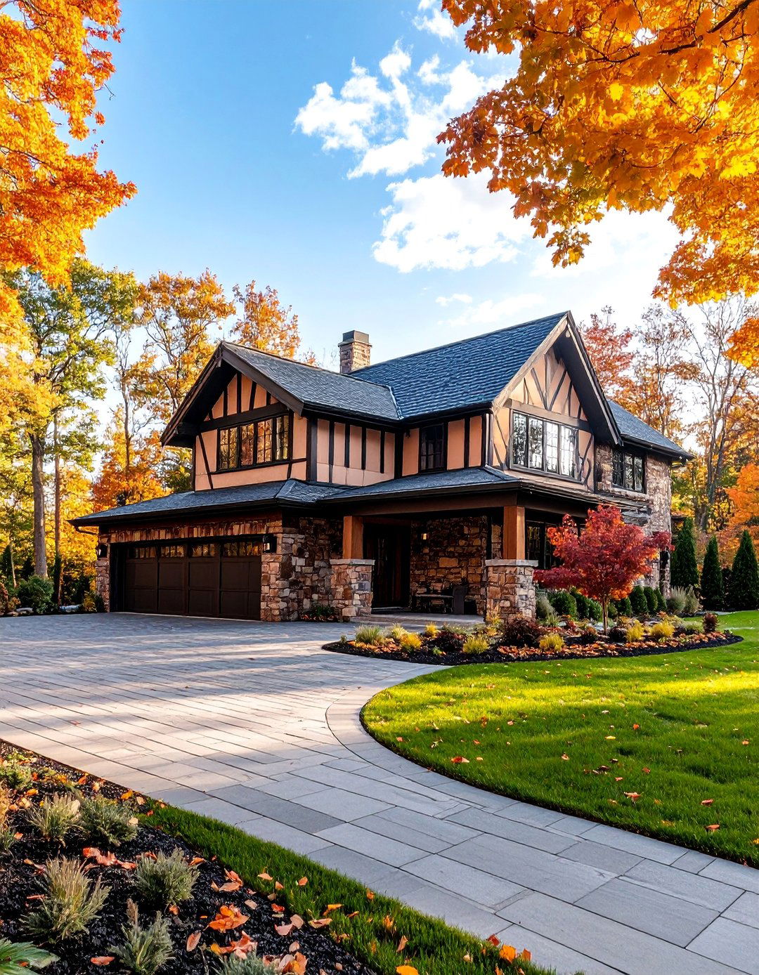 Modern Tudor Exterior with Automotive Court Integration - 25 Modern Tudor Exterior Inspiration