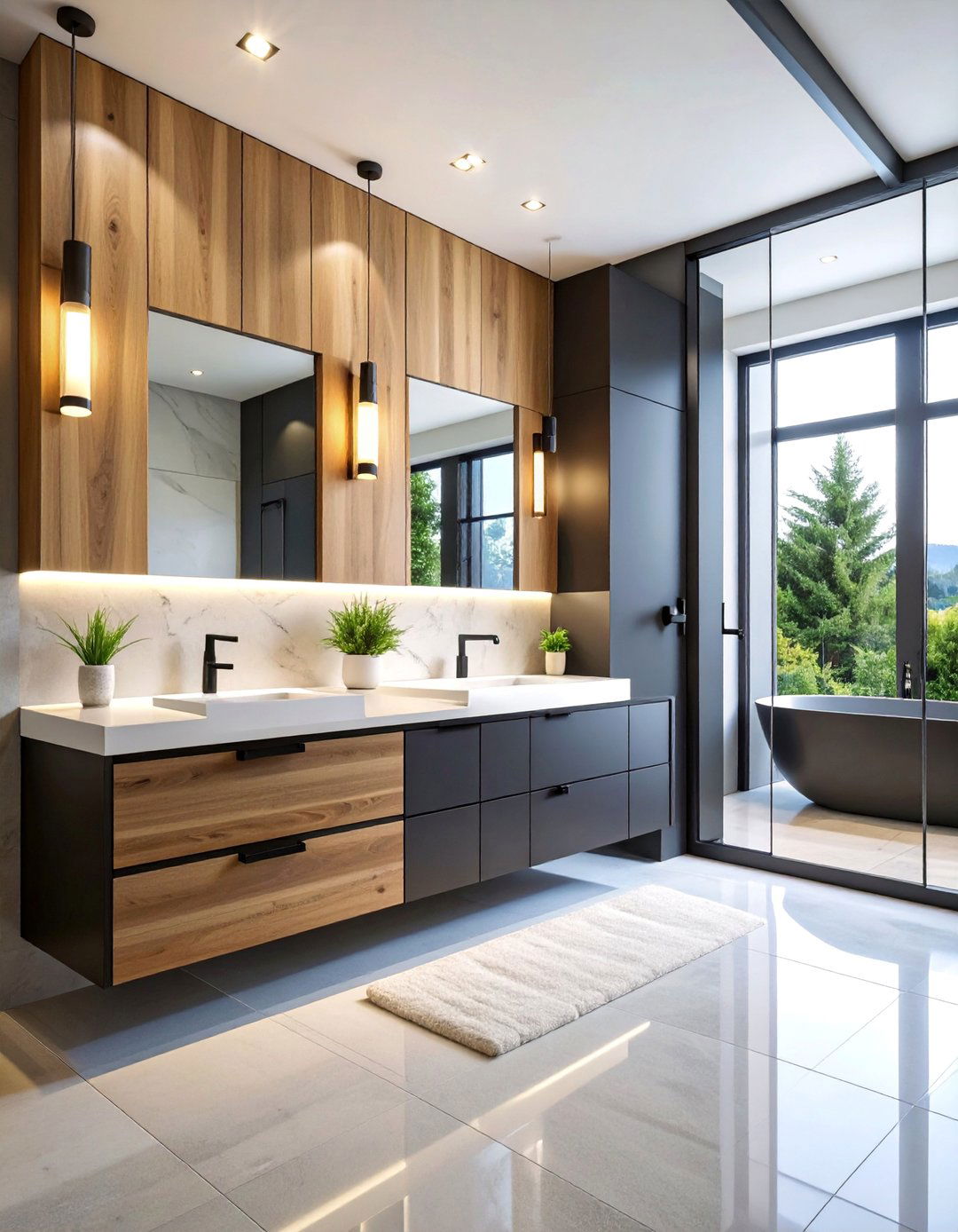 Modern Two Tone Cabinetry with Wood Upper and Black Lower - 25 Black and Wood Bathroom Ideas
