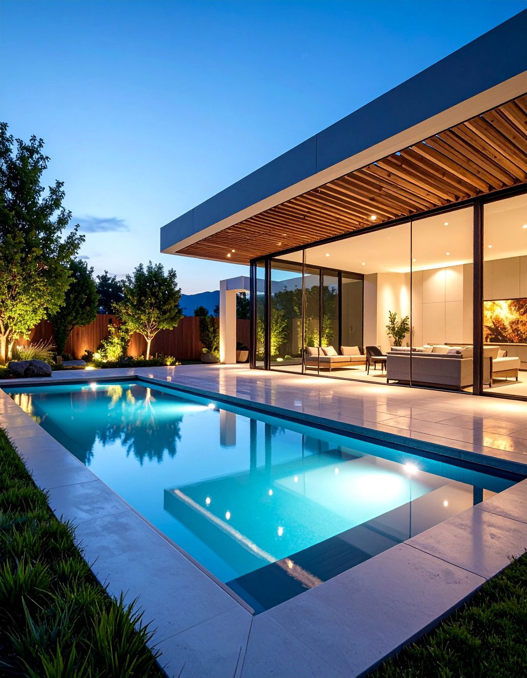 Modern Water Feature with Reflecting Pool and Lighting - 25 Landscaping Ideas
