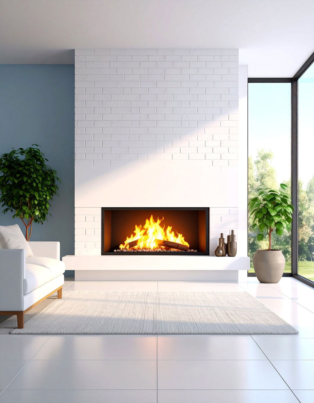 Modern White Brick Fireplace with Linear Gas Insert