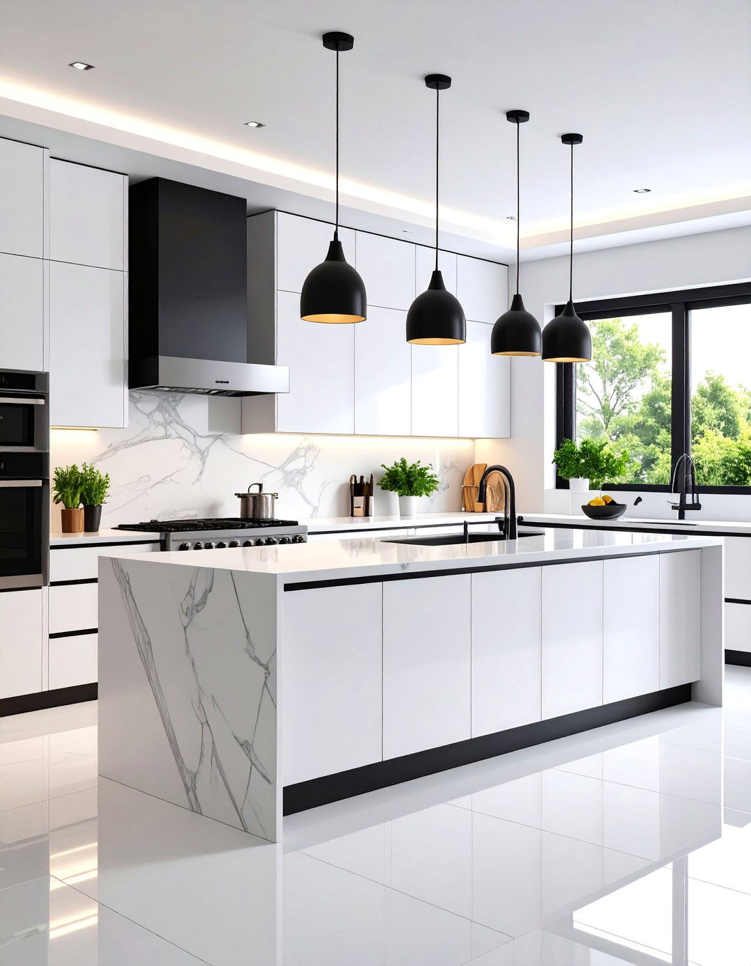 Modern White Kitchen with Black Accents - 25 White Kitchen with Stainless Steel Appliances Ideas