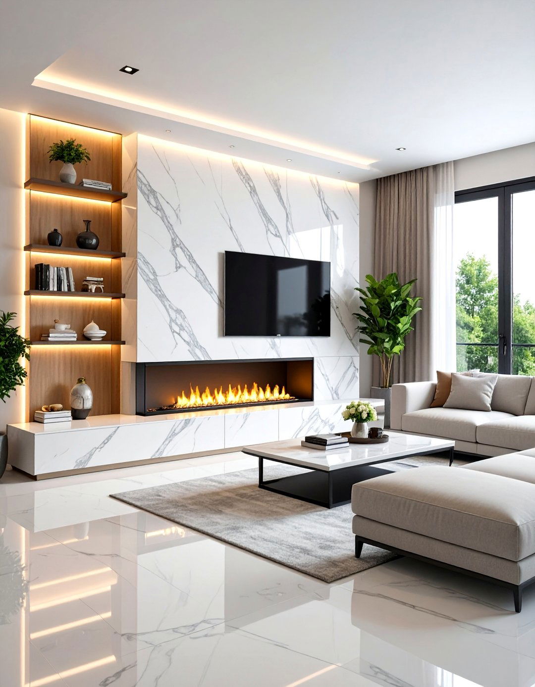 Modern White Marble Fireplace Wall with Built In Entertainment Center - 25 Linear Fireplace Ideas With Tv Above