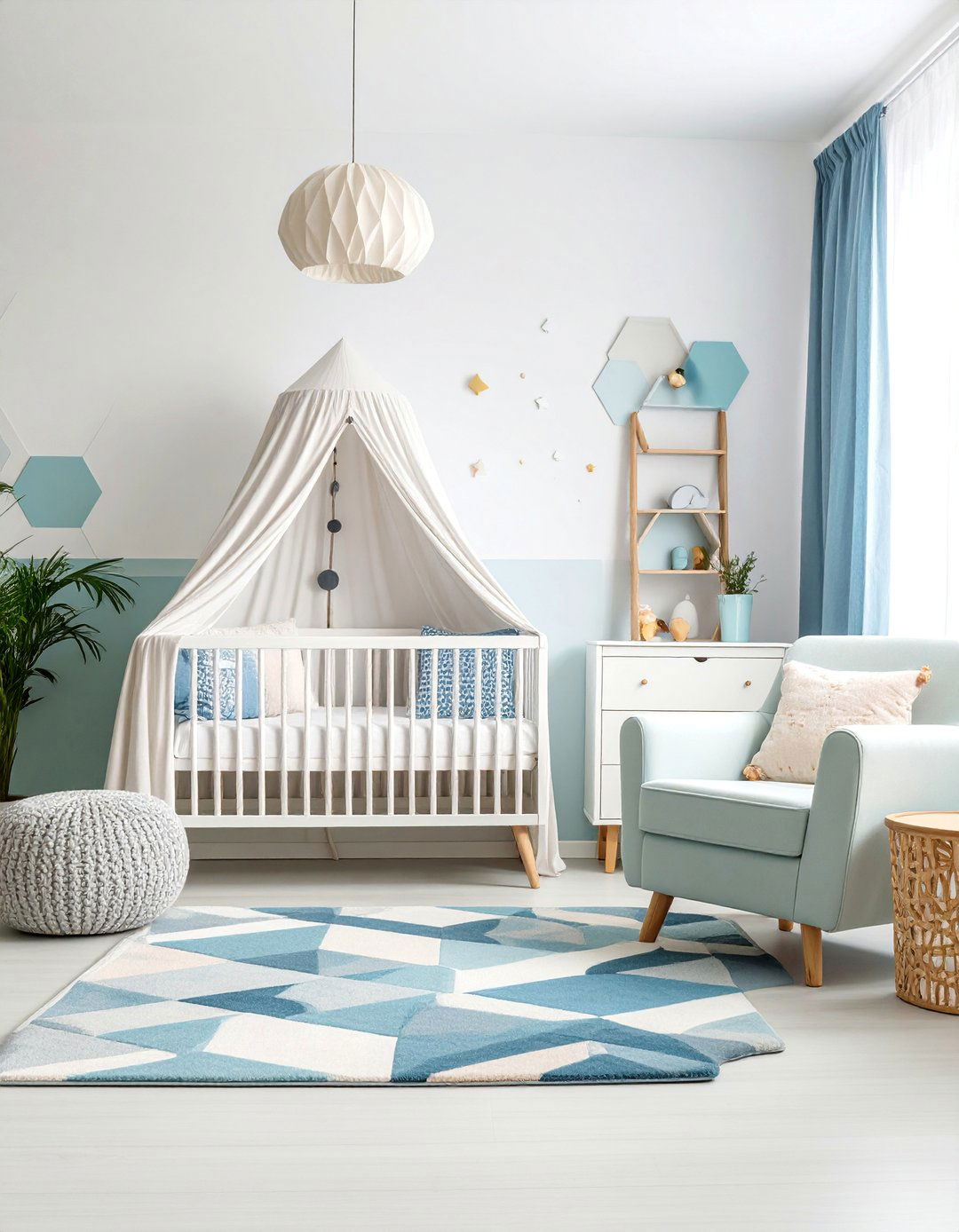 Modern White Nursery with Geometric Patterns - 25 White Nursery Ideas