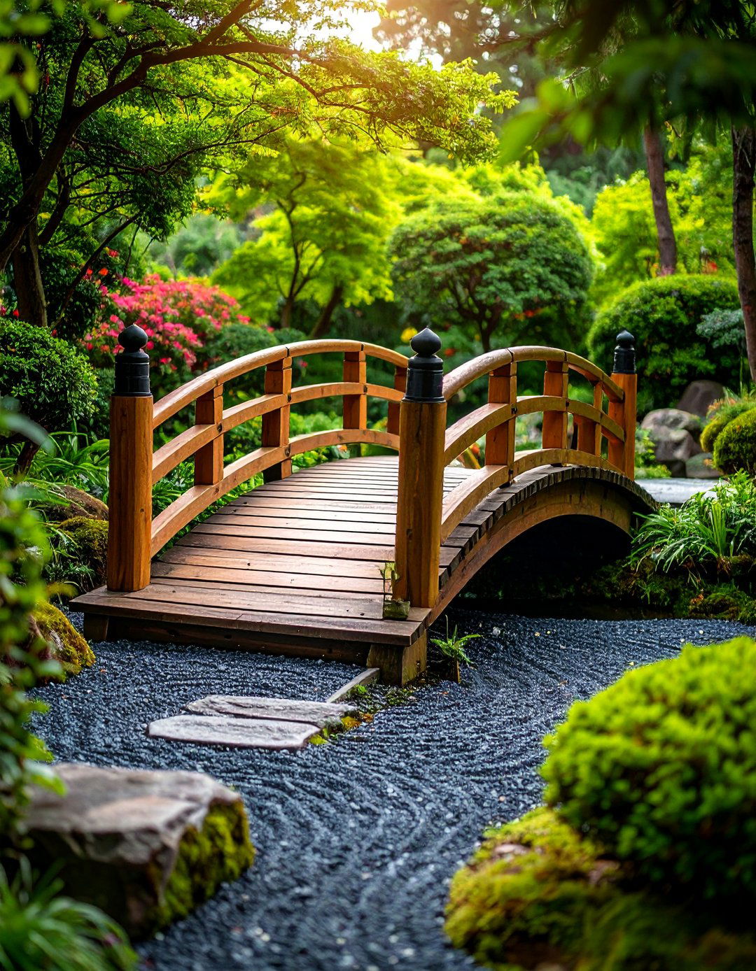 Modern Zen Bridge Over Black Gravel - 25 Black River Rock Landscaping Ideas
