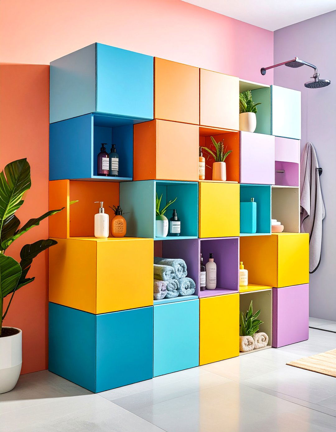 Modular Cube Storage System with Waterproof Backing - 25 Shower Storage Ideas