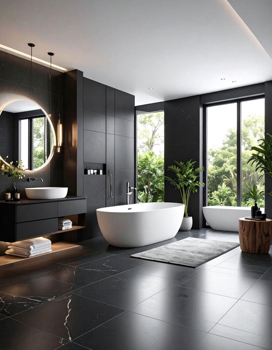 Monochromatic Black Floor Minimalist Bathroom - 25 Black Floor Bathroom Ideas