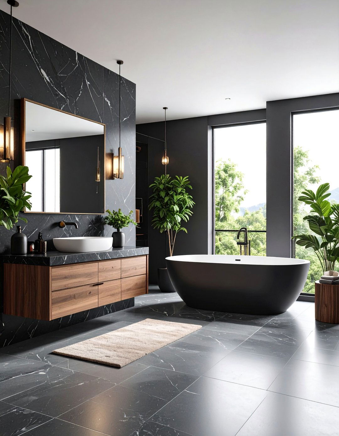 Monochromatic Black Marble Bathroom with Textural Elements - 25 Black Marble Bathrooms