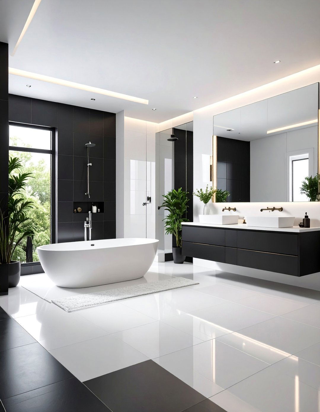 Monochromatic Black Matte Floor with White Gloss Walls - 25 Black Floor Bathroom With White Walls Ideas