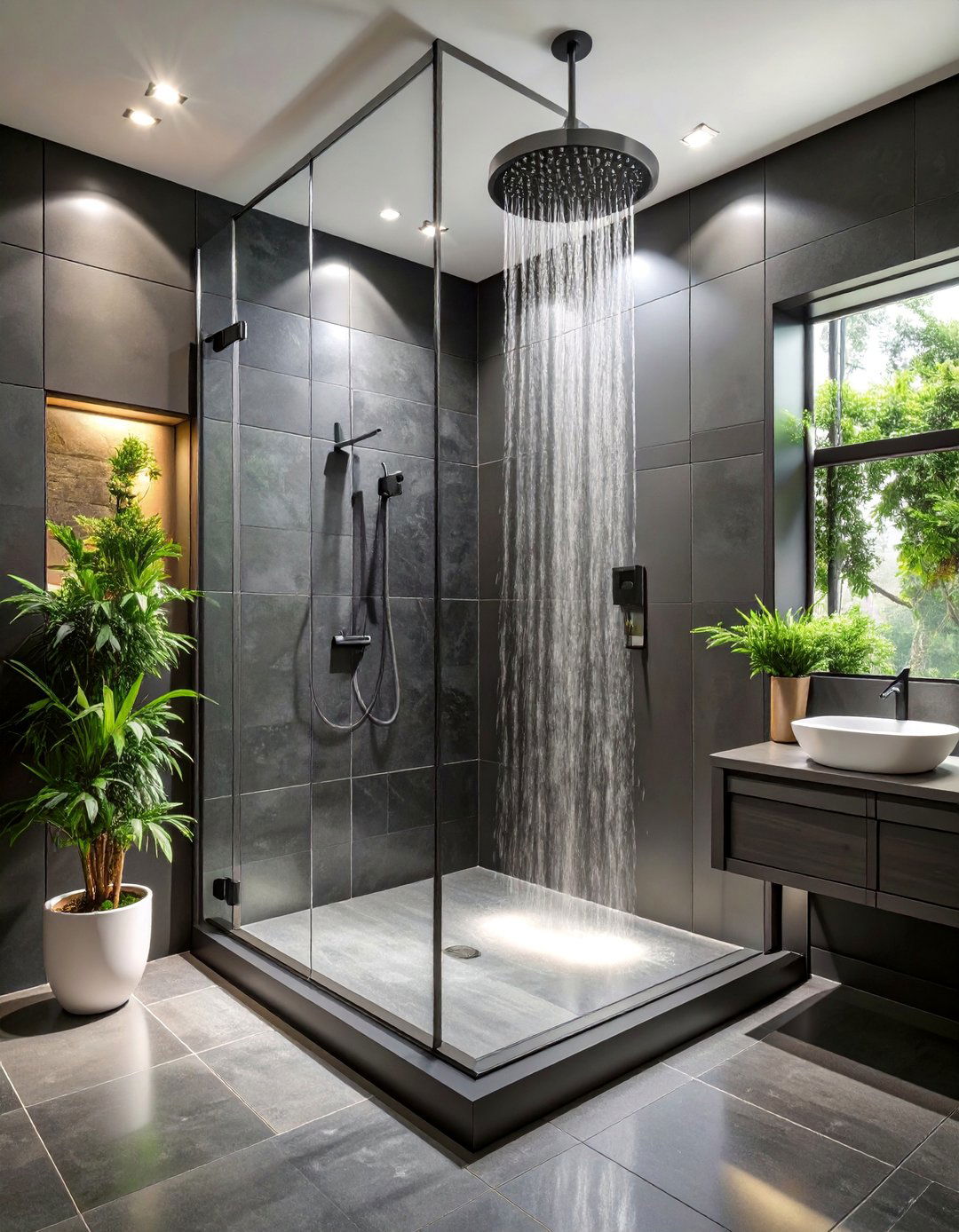 Monochromatic Black and Grey Walk In Shower - 25 Black and Grey Bathroom Ideas