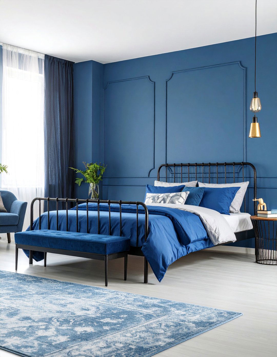 Monochromatic Blue Bedroom with Black Accents - 25 Black and Blue Bedroom Ideas